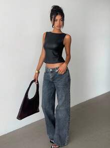 Aloruh Women's Elegant Black PU Backless Tank Tops,Summer Seksi Chic Club Y2K Millennium Music Festival Outing Style,Old Money Streetwear Punk Office Tops - Black - View 4