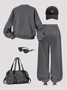 SHEIN Girlism Tween Girls Casual Heart Print Knit Solid Color Loose Drop Shoulder Long Sleeve Hoodie And Wide Leg Sweatpants Set