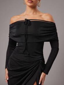 Silquee Women's Black Elegant Off-The-Shoulder Tops,Autumn Slim Fit Glitter Knitted Pleated Front Strap Long Sleeve Shirt For Night Out,Party,Date Night Wear - Black - View 5