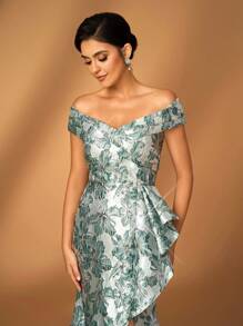 Serin Váy dạ hội cho mẹ cô dâu màu xanh nước biển sang trọng, sang trọng, xếp li bằng vải satin jacquard, xẻ tà hoa, thanh lịch, lộng lẫy - màu xanh lá - Xem 6