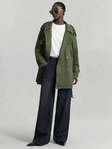 Ontre 2025 Women's Green Long Sleeve Double-Breasted Trench Coat, Casual Daily And Commuting Versatile Coat
