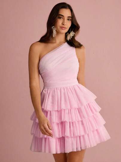 Enchnt Women's Elegant Solid Color One Shoulder Ruched Layered Ruffle Mesh Dress, Summer