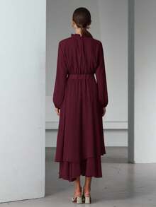 Aveloria Modichic Romantic French Style Layered Hem Decor Waisted Flattering Ruffle Collar Design Chiffon Dress For Women Fall Cloth For Women - Burgundy - View 3