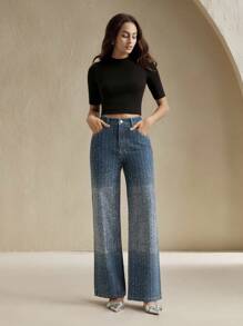 Anewsta Distressed Straight Leg Jeans With Rhinestones, Versatile And Fashionable American Style - Blue - View 4