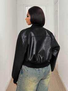 Maweii Áo khoác da giả cỡ lớn có túi trang trí bên hông và ngực, bo gấu tay và gấu áo để mặc dạo phố - màu đen - Xem 6