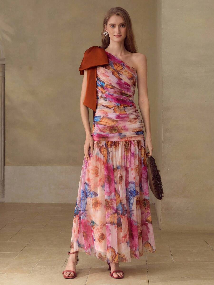 MOTF PREMIUM 女士网眼印花不对称蝴蝶结装饰长款优雅浪漫连衣裙