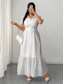 Elenzga Vestido de mujer talla grande elegante con diseño de cuello de camisa bordado en 3D, manga abullonada, y pretina acampanada. Versátil y con estilo, nueva llegada primavera/verano 2025