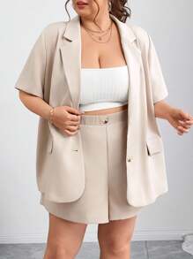 SHEIN CURVE+ Curve 大码/秋装/秋季女装/女士冬装/冬装大码女装夏秋装返校服装秋季服装商务女装新款时尚休闲通勤优雅商务休闲卡其色西装和卡其色裤子两件套短袖西装套装