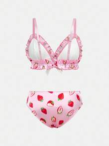 2pcs Set Strawberry Print Ruffled Edged Triangle Cup Bra Cute Sweet Underwear For Teen Girls