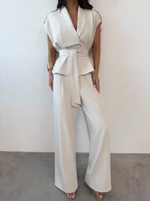 Firerie Nuevo elegante traje de dos piezas en beige para mujer, adecuado para el transporte diario, el uso de oficina/negociaciones de negocios/uso casual/traje de pantalones de pierna ancha de lino sintético/ropa escolar/regreso a la temporada escolar/atuendo para conciertos en el campo/ropa vintage para mujer/atuendos de maestra para mujer/ropa de mujer para otoño/festival de música country/ropa de maestra - Albaricoque - Ver 4