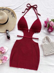 Soleia 全新设计镂空肩带露背白色优雅度假吊带迷你连衣裙 - 酒紅色 - 查看 5