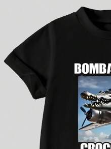 SHEIN 休闲两件套服装，趣味图案印花 T 恤和工装裤套装，适合幼儿男孩 - 黑色 - 查看 3