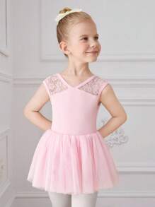 Vestito da ballerina con tutu in pizzo rosa senza maniche per ragazze, body da danza estivo