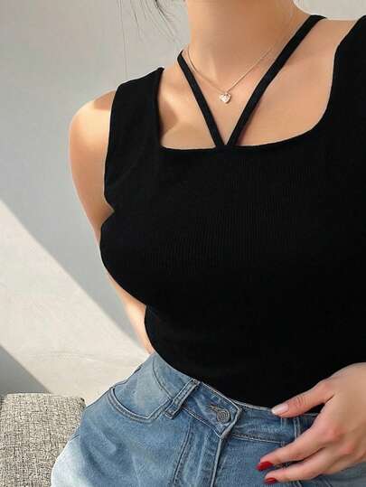 Dazy Plus 大码女式休闲纯色紧身圆领镂空背心，夏季