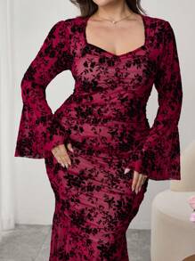 Modelyn Vestido de cola de sirena con mangas de campana elegante de encaje talla grande para primavera/verano - Rosa Fucsia - Ver 1