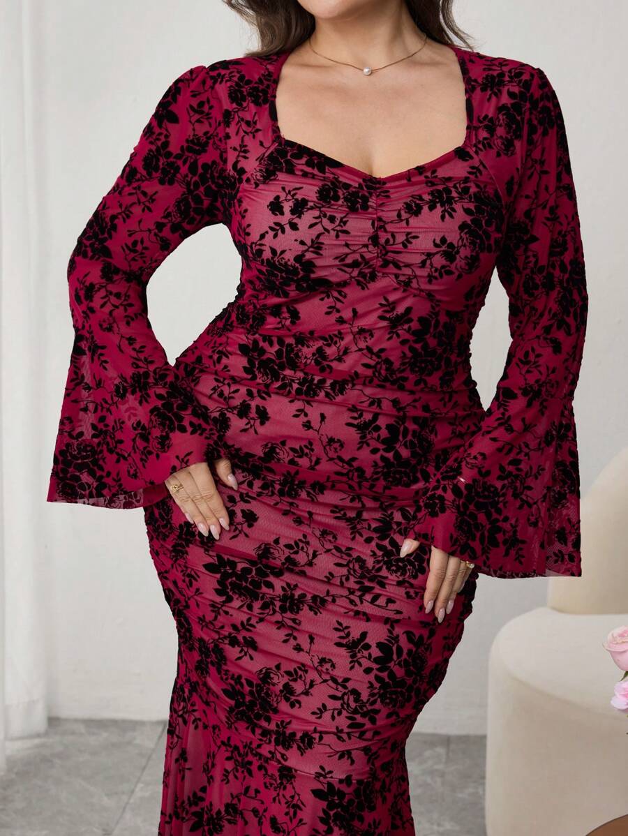Modelyn Vestido de cola de sirena con mangas de campana elegante de encaje talla grande para primavera/verano - Rosa Fucsia - Ver 1