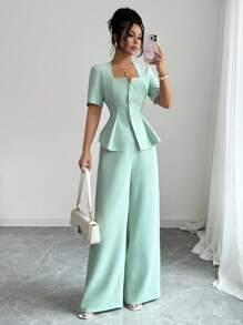 Elenzga New Stylish French Design Women 2 Pieces Set, Slim Fit Blouse With Square Collar And Wide-Leg Trousers, Spring/Summer