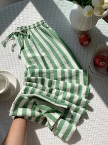 SHEIN EZwear Quần dài nữ họa tiết sọc có dây rút eo thường ngày đa năng cho sân bay - màu xanh lá - Xem 7