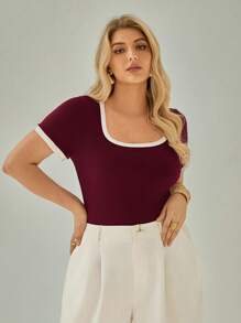 Auralis Plus Size Women Summer Daily Contrast Trim Round Neck Short Sleeve T-Shirt - Red - View 5