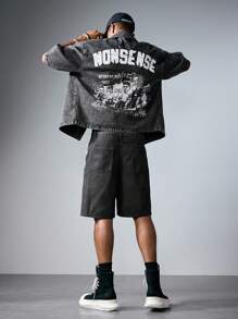 ROMWE MEN Street Life Men's Casual Washed Cartoon Print Denim Jacket - Black - View 2