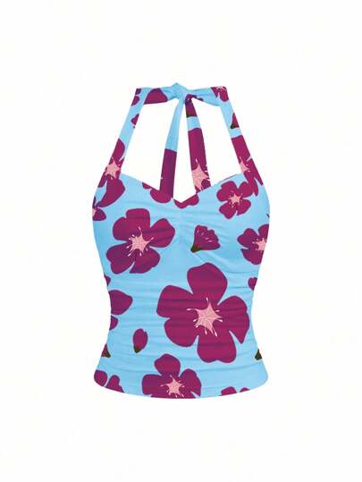 Vecteezy Summer Contrast Floral Pattern Lace Trim Halter Neck Tank Top For Women