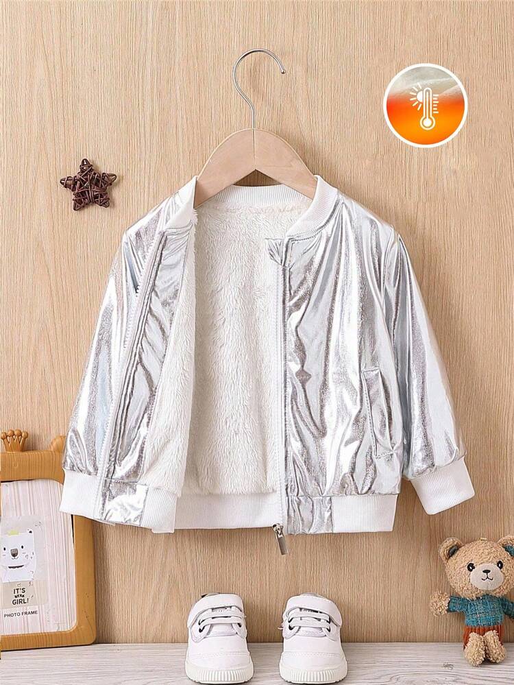 Baby Boy Zip Up Thermal Lined Silver Metallic Bomber Jacket