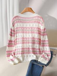 CosyJoli Plus Size Women Hollow Out Design Knitted Long Sleeve Sweater, Pink Knit Top, New 2025 Autumn/Winter, Suitable For Commuting And Casual Wear, Pink Knitwear Fall