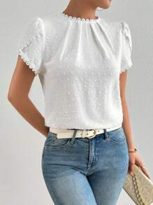 EMERY ROSE Women's Elegant Plain Color Laser Cut Fabric Frill Trim Peplum Sleeve Shirt White Blouse