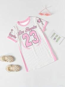 Girls Casual & Fashionable LA 23 Stripes Slogan & Letter Print Short Sleeve T-Shirt Dress, Sibling Outfits Matching Set (2pcs Sold Separately) Girls Sport Dress Baseball Dress Kids Clothes Girls Girls Pink Dress Girls Jersey Dress