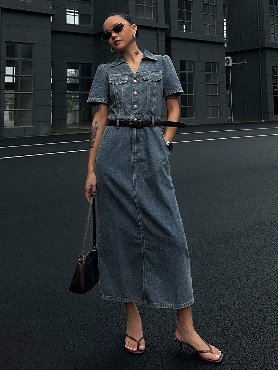 DAZY Women's Puff Sleeve Denim Dress, Spring/Summer Maxi Dress - Dusty Blue - View 1