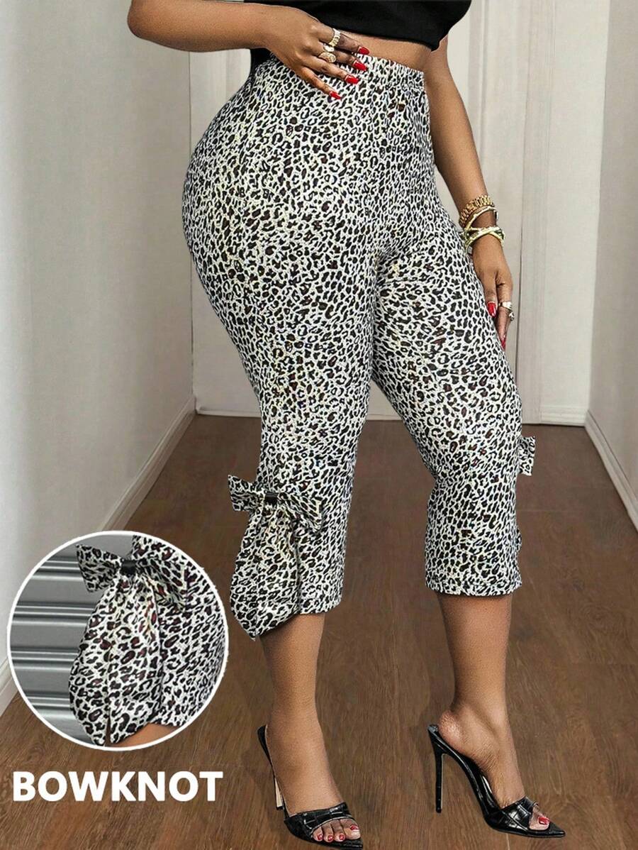 Maweii Pantalones capri 7/8 de licra con estampado de leopardo y lazo, sexy y ajustados, para actividades casuales y salidas, tallas grandes
