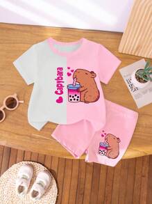 Young Girl Casual Fashion Creative Cartoon Cute Blue Bubble Tea Cup Graphic Colorblock Short Sleeve T-Shirt And Bike Shorts Set Beach Wear For Kids Beach Clothes For Kids Kid Beach Wear Kids Beach Clothes Capybara Clothes For Girls Girls Capybara Shirt Set Kids Capybara Clothes Capybara Shirt And Shorts Set Kids Beach Wear - Multicolor - View 6