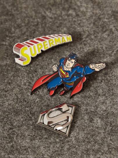 SUPERMAN X SHEIN 3 Piece Set Zinc Alloy Letter Emblem Decorative Brooch, Semi-3D Design