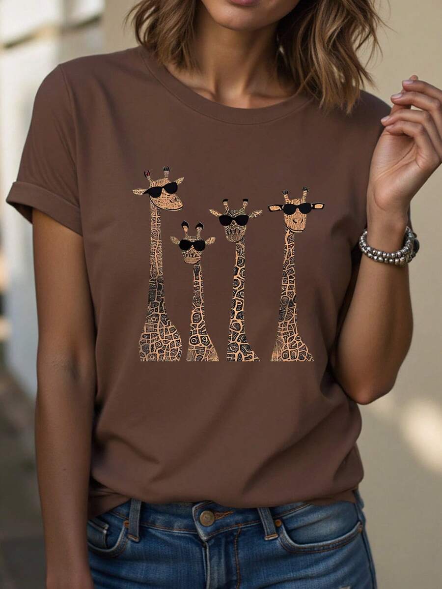 Selamara Giraffe Print Short Sleeve T-Shirt With Eyelashes For Casual Outfits For Clothes Graphic Cheetah Print Tees Women Tops For Summer And Spring - Khaki - View 1