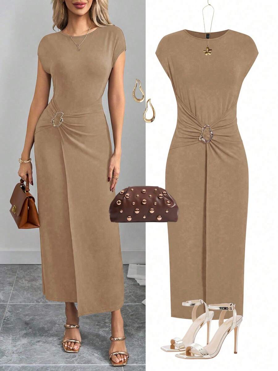 Ellevyn 大码女式优雅圆领长袖金属扣扭腰连衣裙，适合工作/休闲穿着