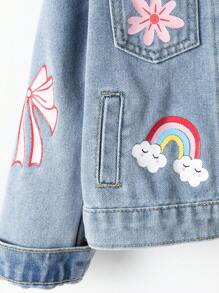 Giacca di jeans per ragazze, giacca casual alla moda di tutti i giorni per esterni con fiocco floreale, design a cuore e lettera, con colletto a bavero, maniche lunghe in denim