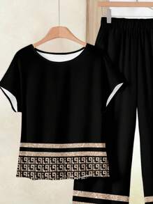 EMERY ROSE 2pcs/Set Women Casual Retro Pattern Short Sleeve T-Shirt And Loose Pants Set, Versatile For Spring & Summer Suitable For Going Out