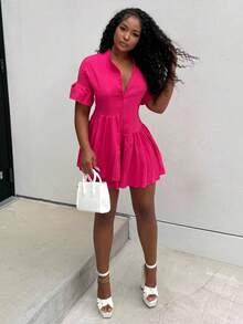 Alexandranx 新款休闲度假春夏小圆领荷叶边袖五分袖不对称下摆双层下摆A字裙迷你裙白色波浪条纹女式迷你连衣裙-A - 玫紅色 - 查看 3