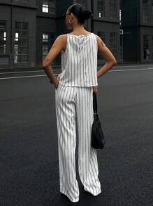 DAZY 女式夏季条纹细肩带背心和休闲长裤两件套 - 白色 - 查看 3