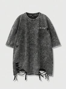 Manfinity EMRG 男士字母印花圆领破洞短袖 T 恤，夏季破洞 T 恤芝加哥图案 T 恤，2000 年代风格 - 黑色 - 查看 1