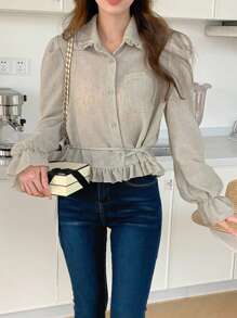 DAZY Women's Ruffled Collar Long Sleeve Tie-Front Fitted Casual Shirt