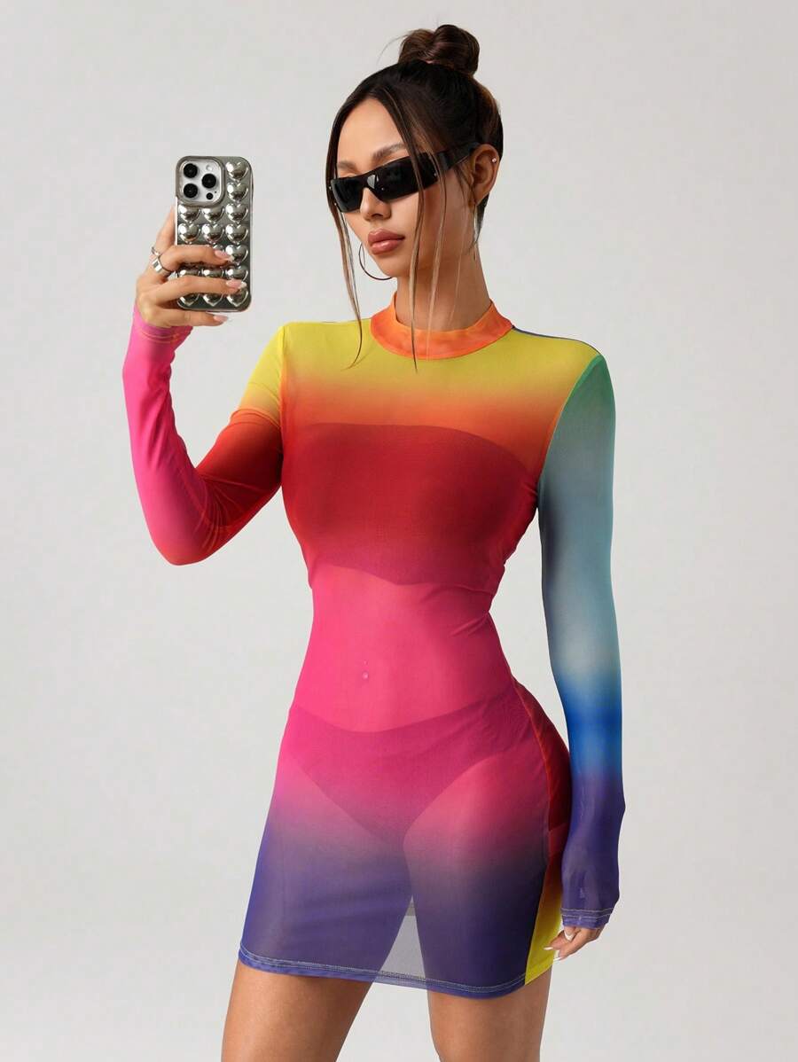 SHEIN ICON Rainbow Shoulder Stripe See-Through Mesh Mini Dress, Pride Month - Multicolor - View 1