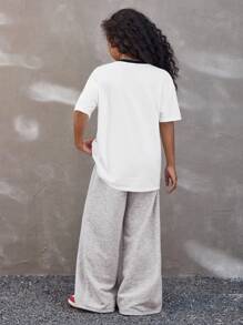 Coolane Kids 青少年女孩 2 件套休闲运动女孩风格数字图案 V 领短袖上衣和阔腿裤套装秋季返校 Y2K 街头服饰垃圾摇滚 - 灰色 - 查看 5