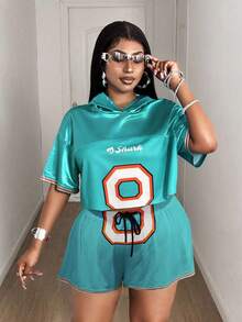 Maweii 大码女式两件套短袖上衣和短裤运动套装 - 藍色 - 查看 5