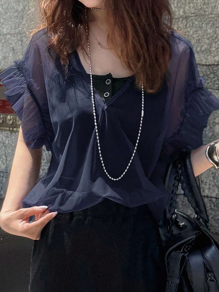 FRIFUL Women Mesh Ruffle Hem Loose Layered Casual Summer Tops, Beach Wear