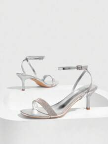 CUCCOO SZL Women's Silver Metallic PU Silver Rhinestone Decor Strap Square Toe Kitten Heels, Fashionable Sexy Glamorous Party Clubwear High Heel Sandals