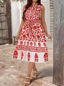 SHEIN Holidaya Women's Casual & Elegant Floral Print Lapel Sleeveless Belted Midi Dress, Street Style, Garden, Resort, Plus Size, Summer