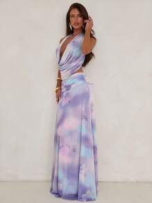 Aloruh Women's Elegant Sexy Beach Vacation Backless Suit Country Music Festival Concert Halter Neck Top + Long Skirt 2pcs/Set Women Purple Printed Outfit,Can Be Worn With A Bikini - Multicolor - View 8