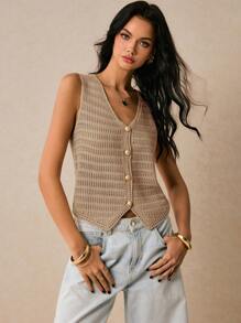 Poéselle 休闲纯色前扣针织背心，秋冬夏季外出上衣女士