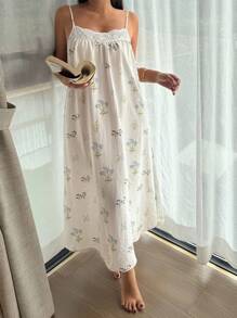 DAZY Floral Pattern Allover Print Ruffle Hem Women's Slip Nightgown Pajama - Beige - View 7